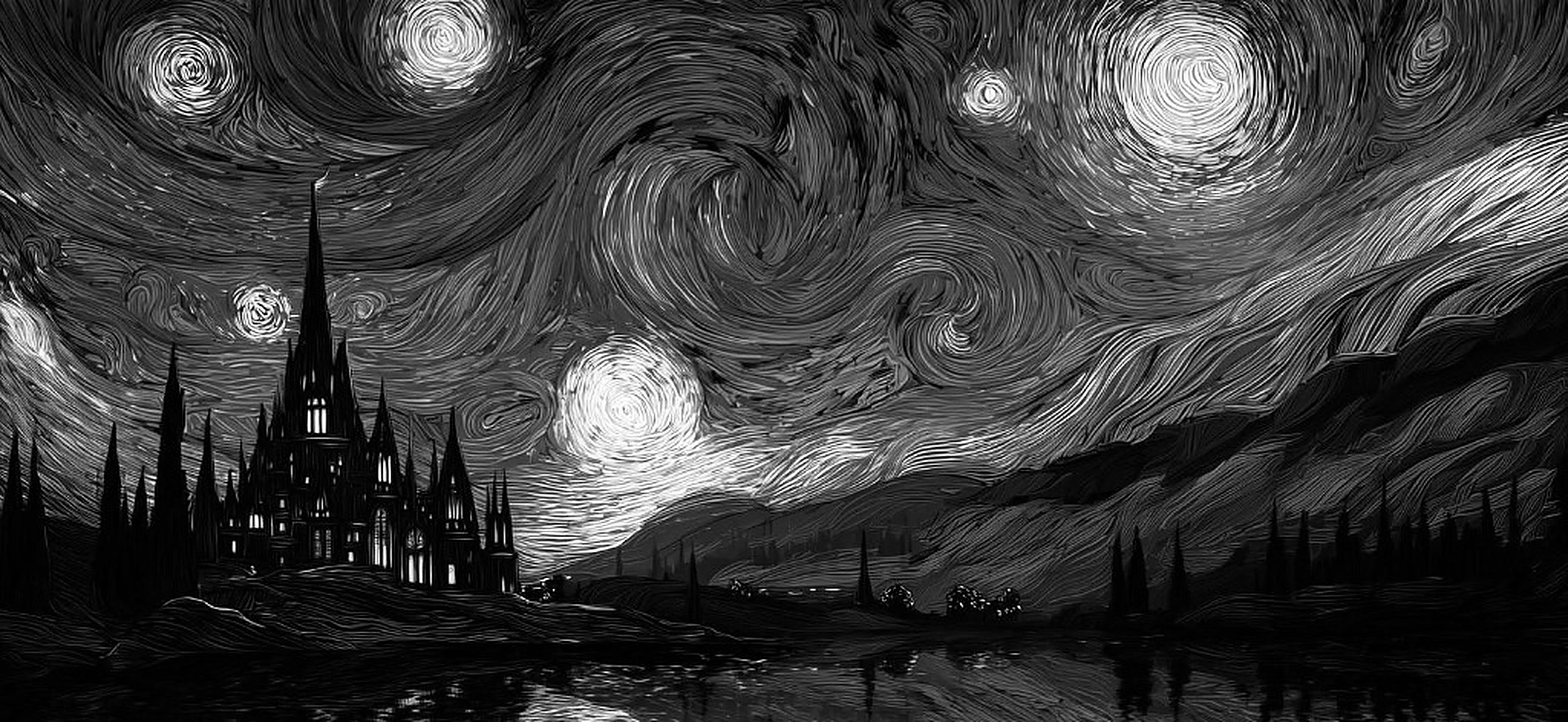 Monochrome Starry Night Castle Background