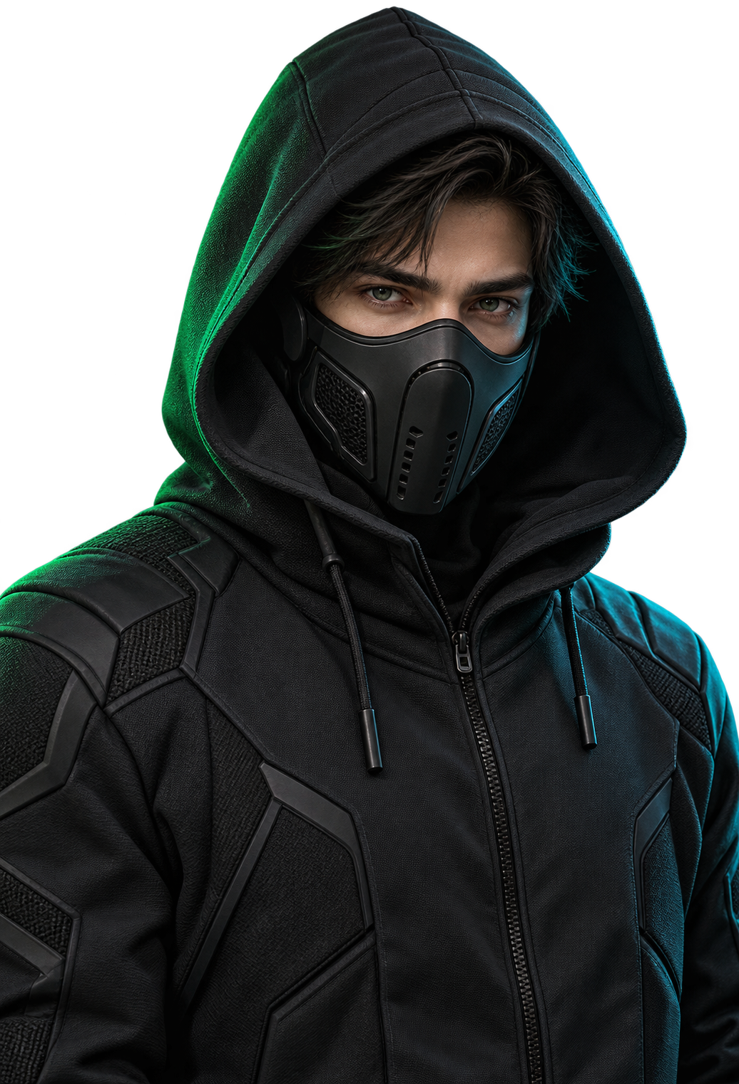 3D masked cybersecurity operator in a dark hood